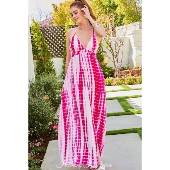 Main Strip Tie Dye Maxi Dress Spaghetti Strap Center Slit NWT - Picture 7 of 9